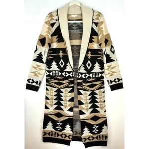 Maurices Western Geo Print Duster Sweater Sz S Black Beige Shawl Collar Cardigan